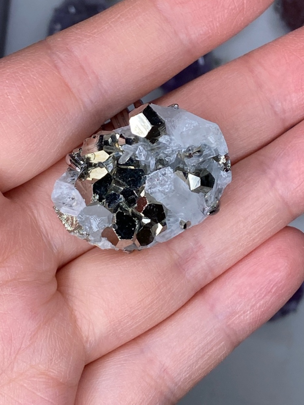 Raw Apophyllite & Pyrite Ring • "Icy Gold" Crystal Cluster • Geometric Earth